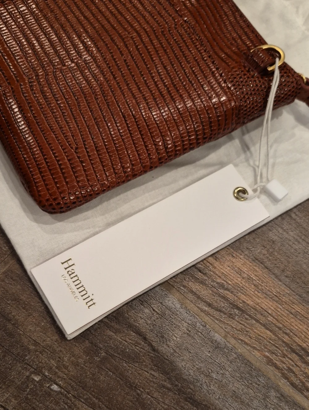 Hammitt Nash Redwood Lizard Leather Brushed Gold Clutch Wristlet Crossbody Bag